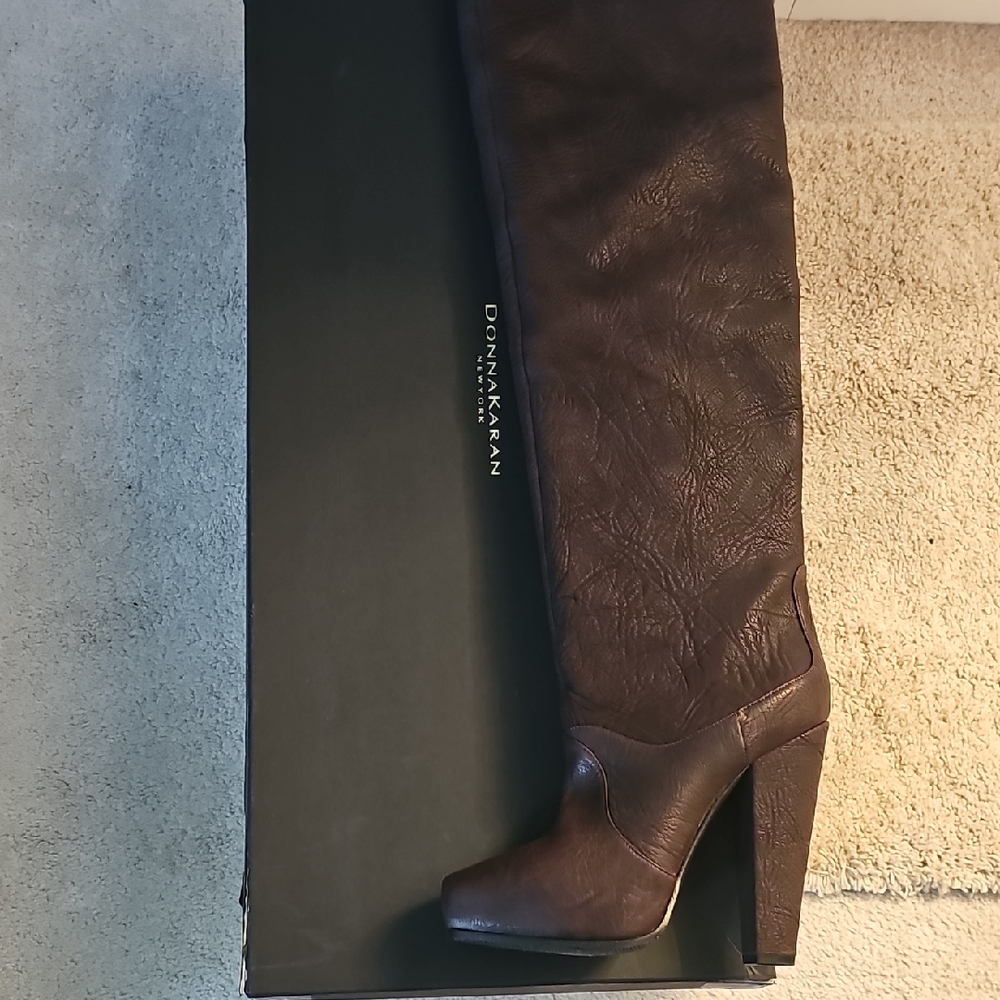 Donna Karan Dark Brown Leather Over-the-Knee Boots with Block Heel